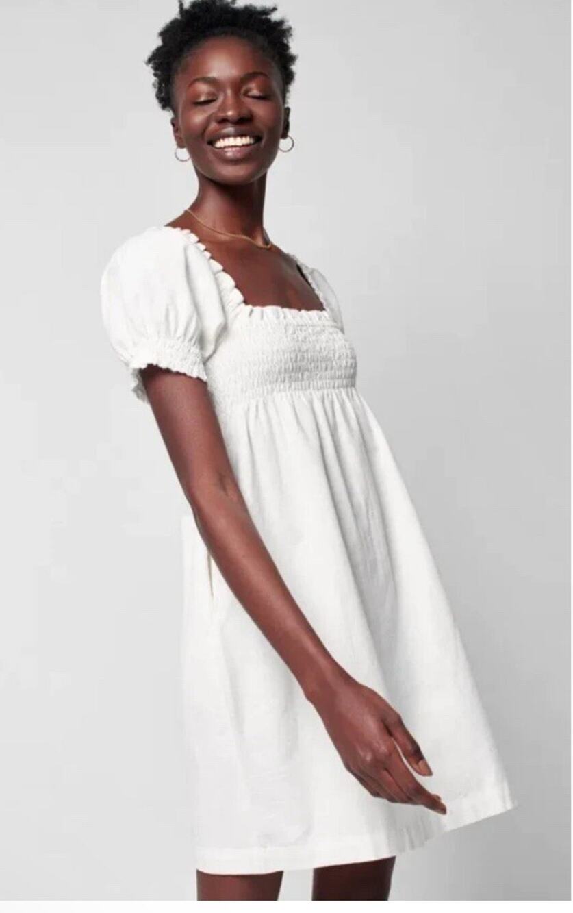Faherty Ramona White Smocked Puff Sleeve Organic Cotton Mini Dress Sz M
